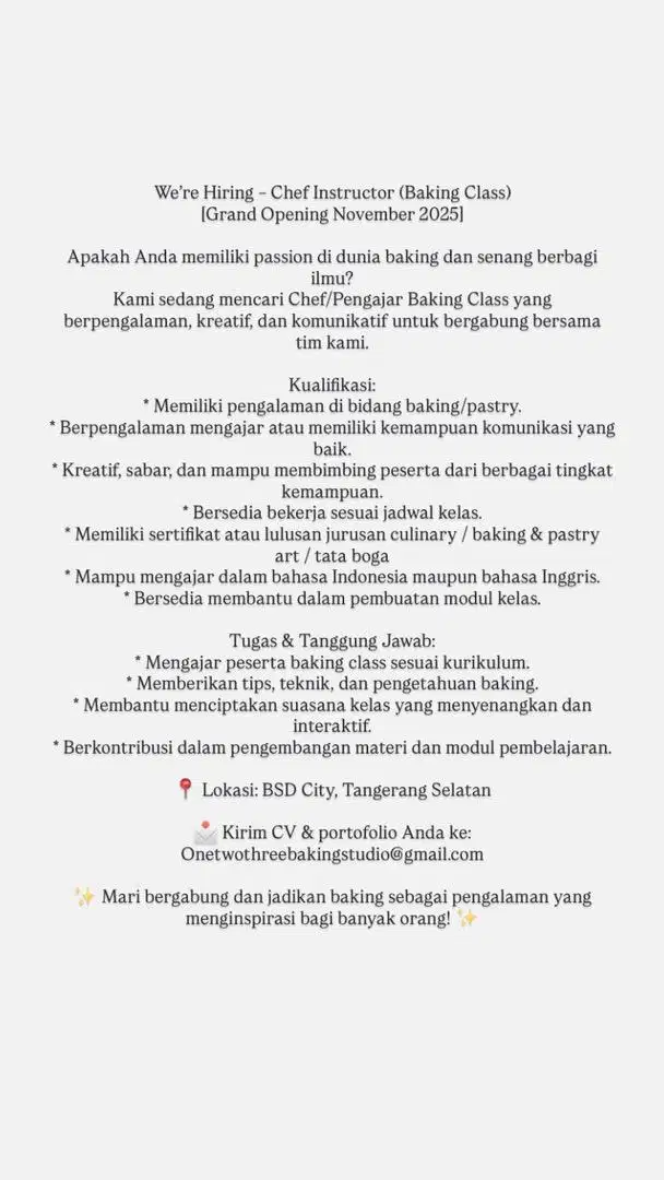 Dicari Chef Instructor (Pengajar class baking)