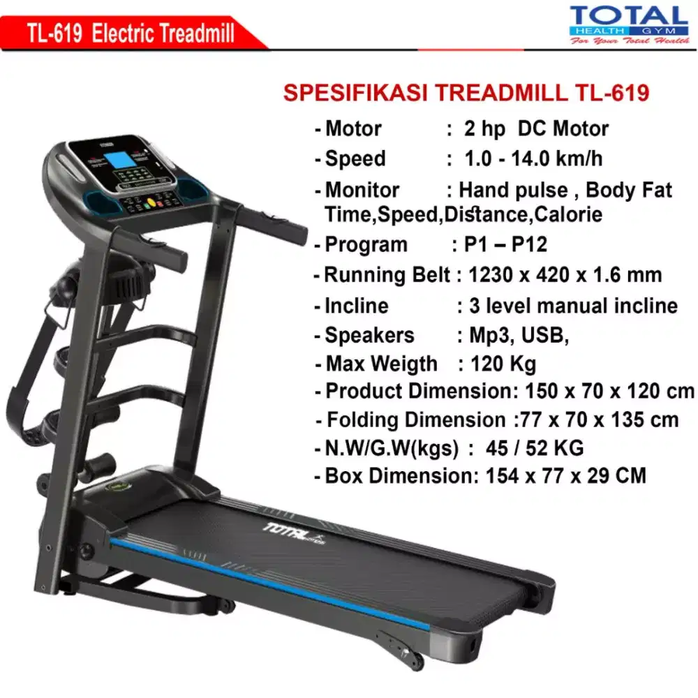 Alat fitnes treadmill elektrik TL 619 gym center