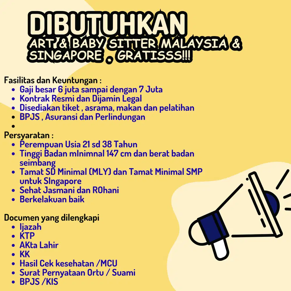 DIBUTUHKAN ART-BABY SITTER MALAYSIA&SINGAPORE GRATIS TANPA POTONGAN