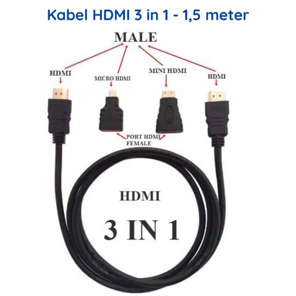 Kabel HDMI 3 in 1 Converter Mini Micro 1.5 Meter High Quality Full HD