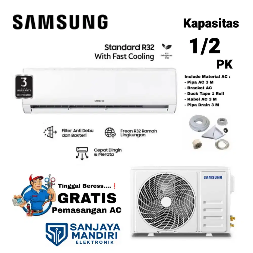 FREE PEMASANGAN! SAMSUNG AC Split 1/2 PK R32 FAST COOLING AR05BGQASIX
