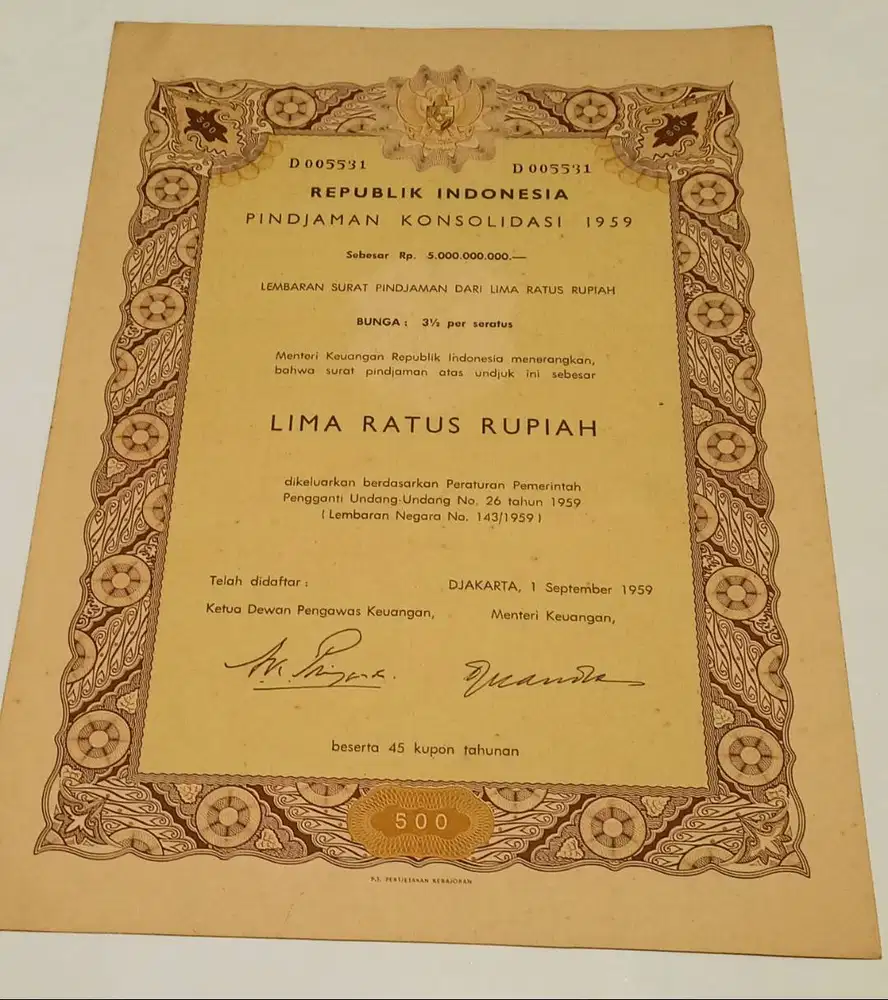 Obligasi Konsolidasi R.I 1959 Nominal Rp500