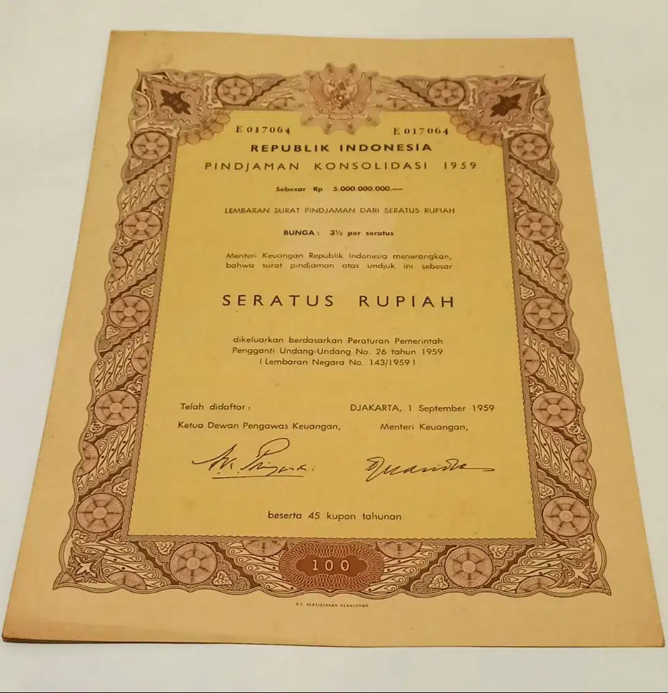 Obligasi Konsolidasi R.I Th.1959,Nominal Rp.100 untuk Koleksi