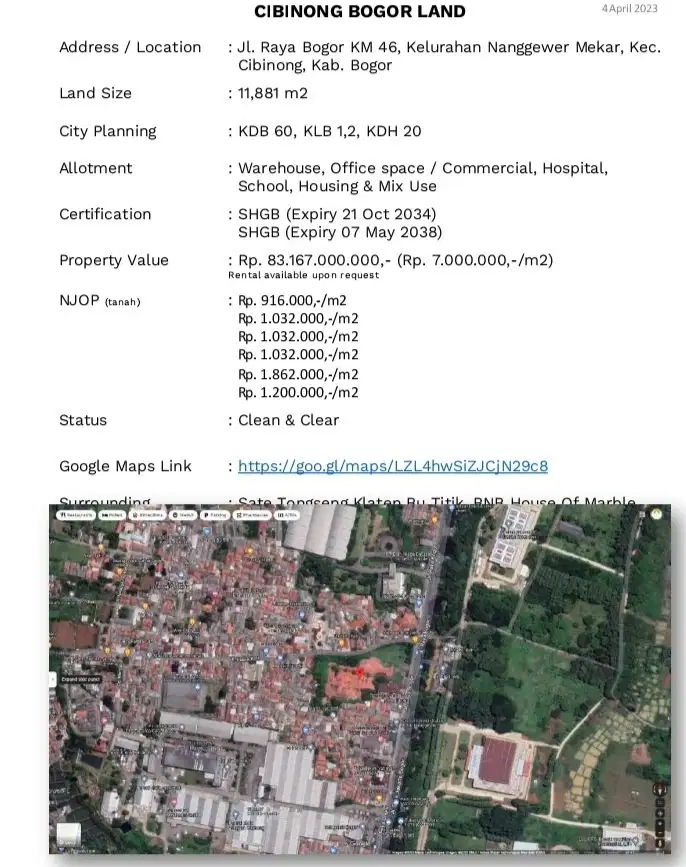 Di jual tanah pinggir jalan raya Bogor strategis