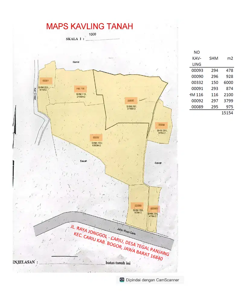 Tanah Strategis di Jl. Raya Jonggol Cariu,Bogor - SHM,1.5Ha,Rp1.1jt/m2