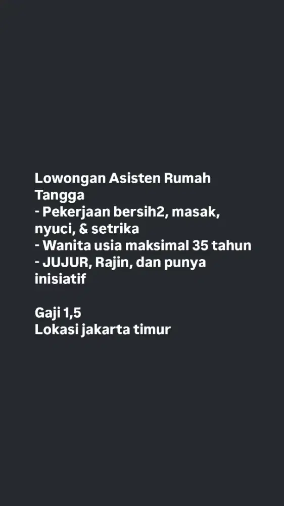 Dibutuhkan ART (Pembantu)