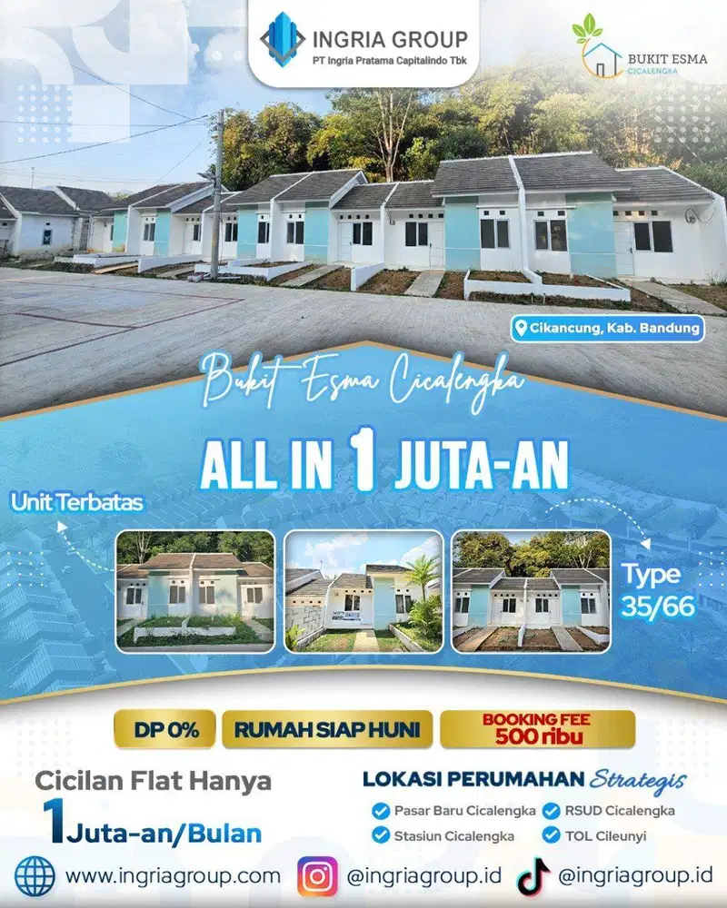 Rumah 1 Lt Free DP 0%, Cicilan Flat Dkt Pabrik Kahatex
