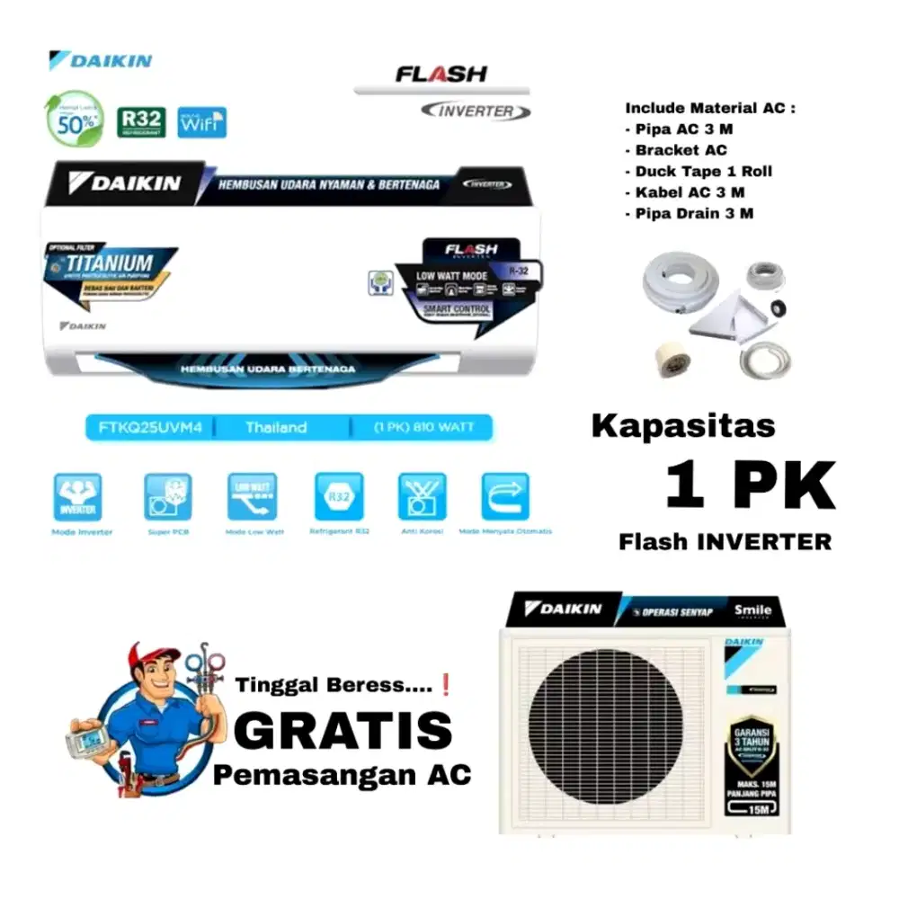 FREE PASANG! DAIKIN AC Split 1 PK FLASH INVERTER THAILAND FTKQ25UVM4