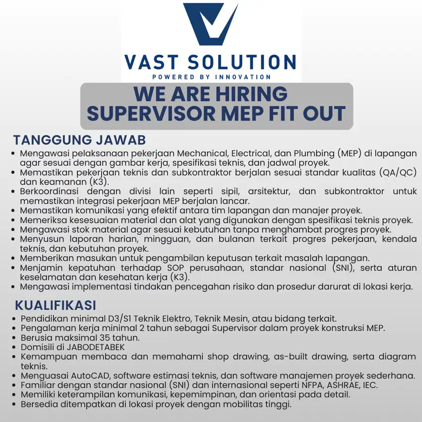 SUPERVISOR PROJECT MEP & SITE MANAGER MEP