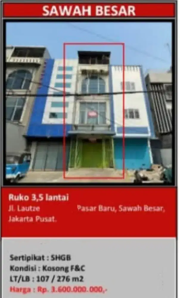 ⁰Dijual Ruko Lautze Pasar Baru Sawah Besar