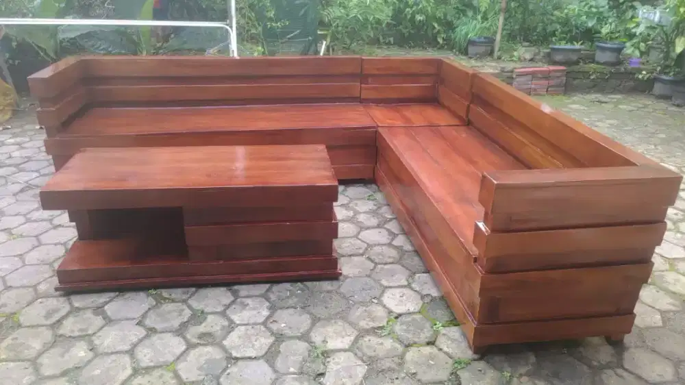 Kursi tamu minimalis sudut box leter L kayu jati asli