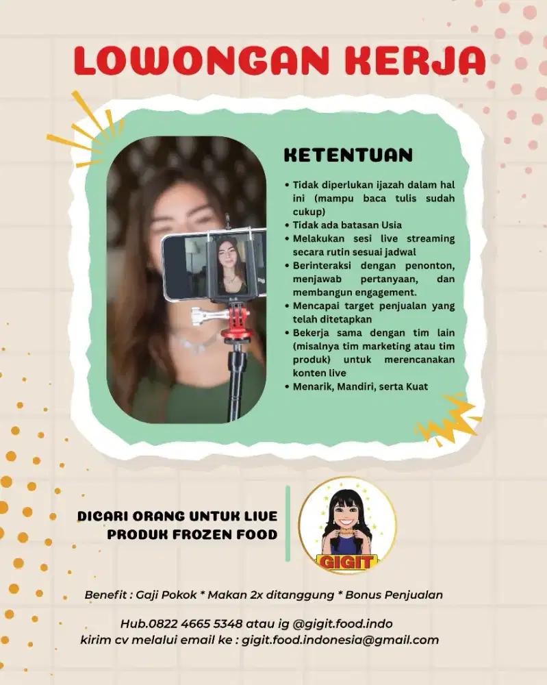 Lowongan pekerjaan untuk host live produk frozen food