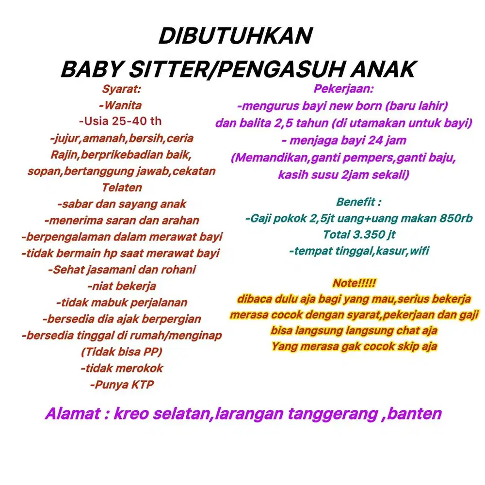 DICARI BABY SITTER YANG MAU JAGA BAYI BARU LAHIR YANG BERPENGALAMAN