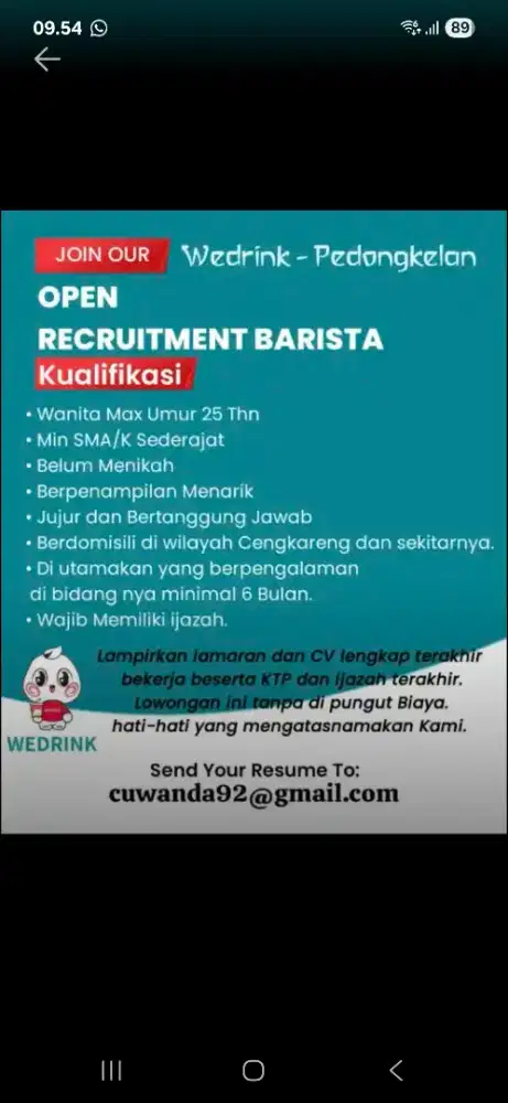 Loker barista wedrink / sejenisnya