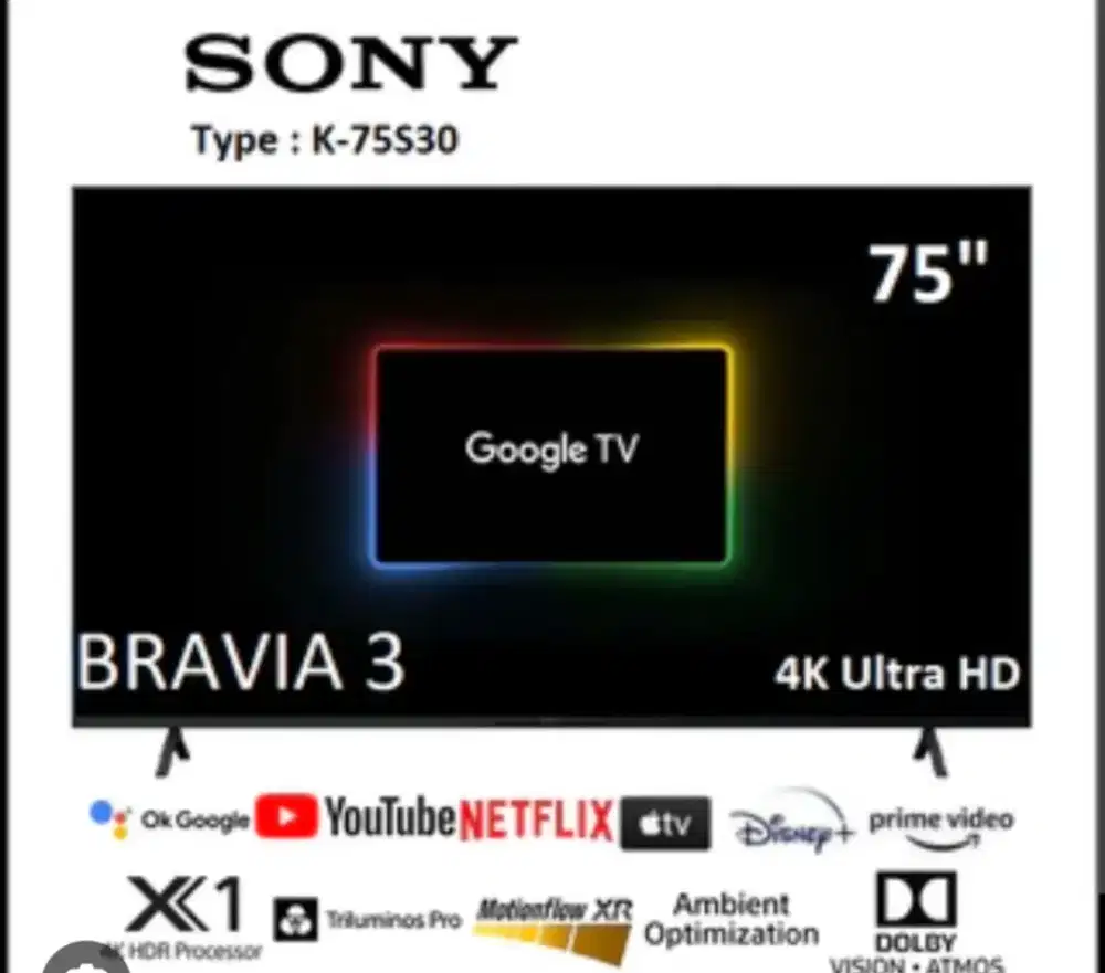 Tivi Tv Sony Bravia 75 75 inci inch K-75S30 Smart Netflix YouTube Jos