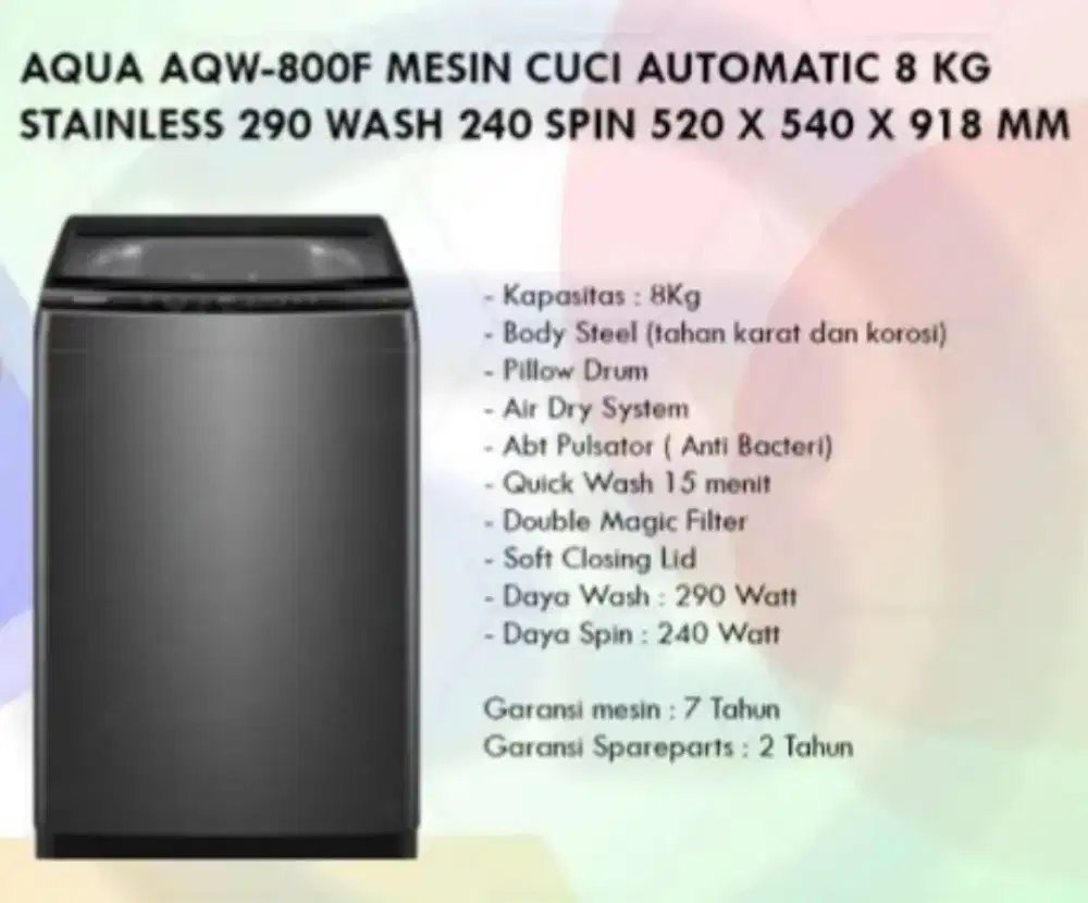 Mesin cuci baru murah 1 tabung Aqua AQW-800F