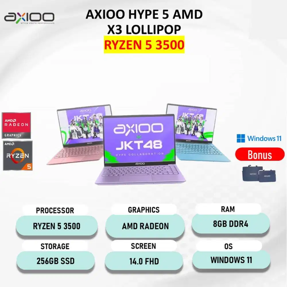 AXIOO HYPE 5 AMD X3 LOLLIPOP RYZEN 5 3500 Ram 8GB 256GB W11 14.0 Fhd