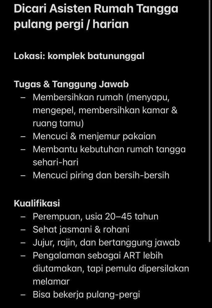 Dibutuhkan Asisten Rumah Tangga ART Pembantu