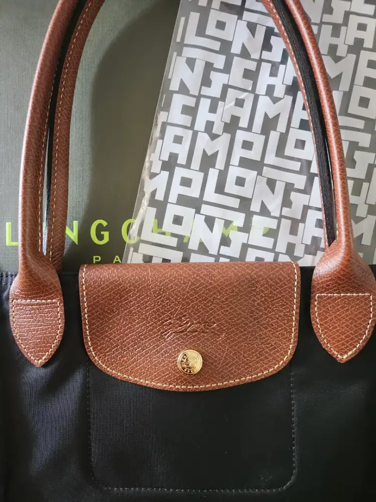 Tas Longchamp Le Pliage Noir Black Medium Long Handle (MLH)