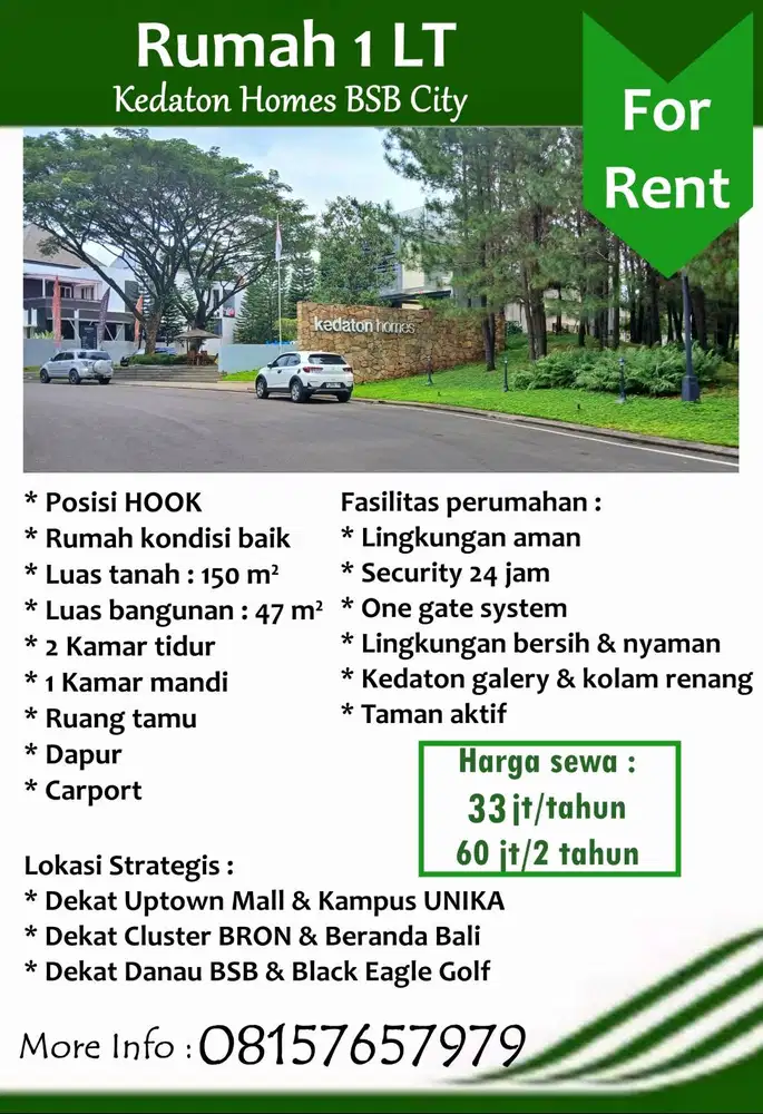 Disewakan Rumah HOOK 1LT Kedaton Homes BSB