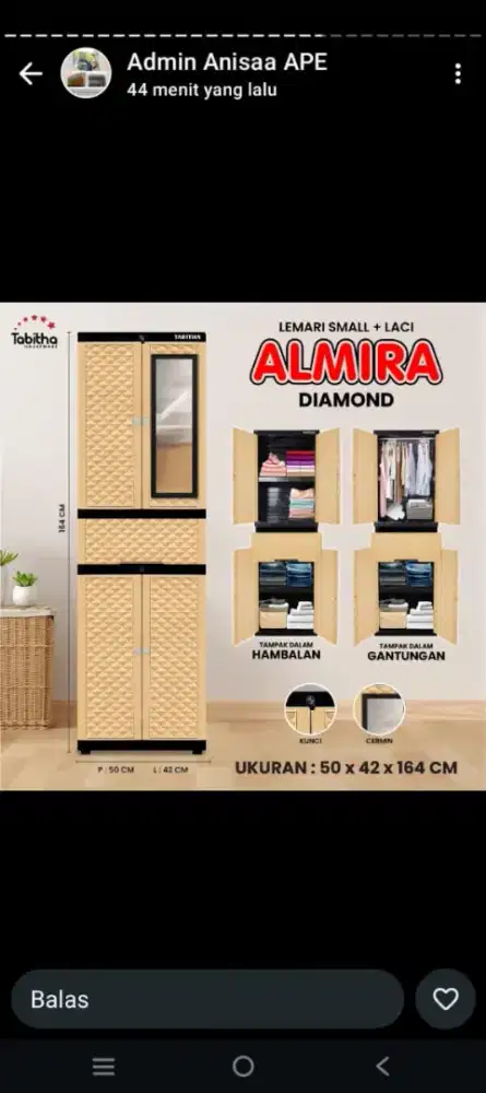 Lemari plastik 4 susun gantungan ada laci 1