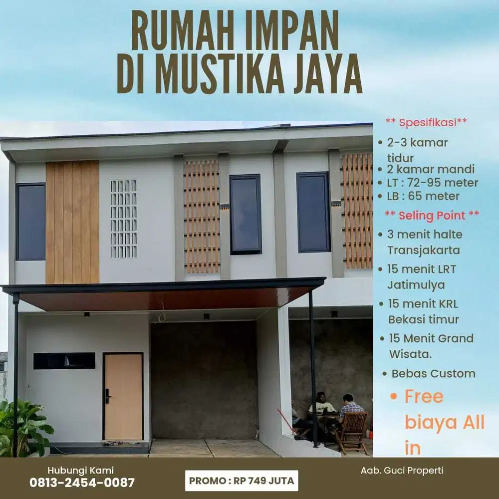 Rumah 2 lantai di Mustika Jaya, Free biaya All in ,3 menit ke busway