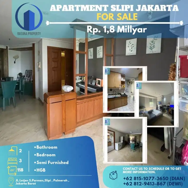 Dijual Apartemen Slipi , For Sale,3 kamar tidur,semi furnished, HGB