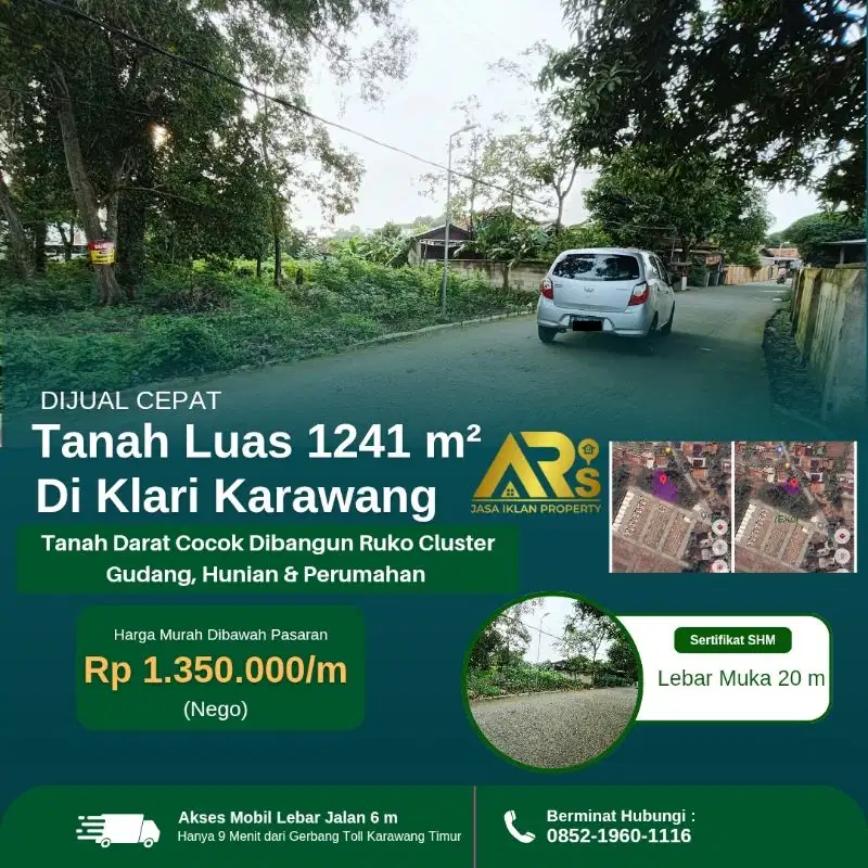 Dijual Tanah Darat SHM Luas 1241 di Klari Karawang Timur