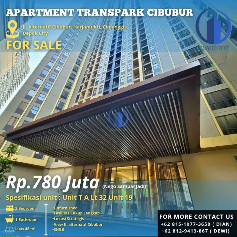 Dijual, Apartment Transpark Cibubur, 2 Br, L 48m², Unfurnished, SHGB