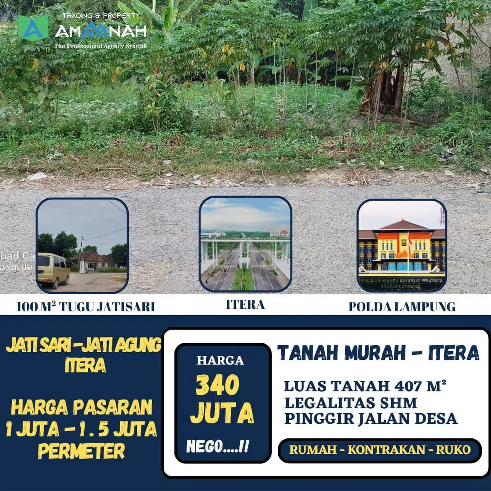 TANAH DEKAT KAWASAN KAMPUS ITERA PINGGIR JALAN POROS DIJUAL MURAH