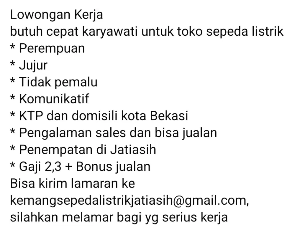 Lowongan kerja sales dan jaga toko