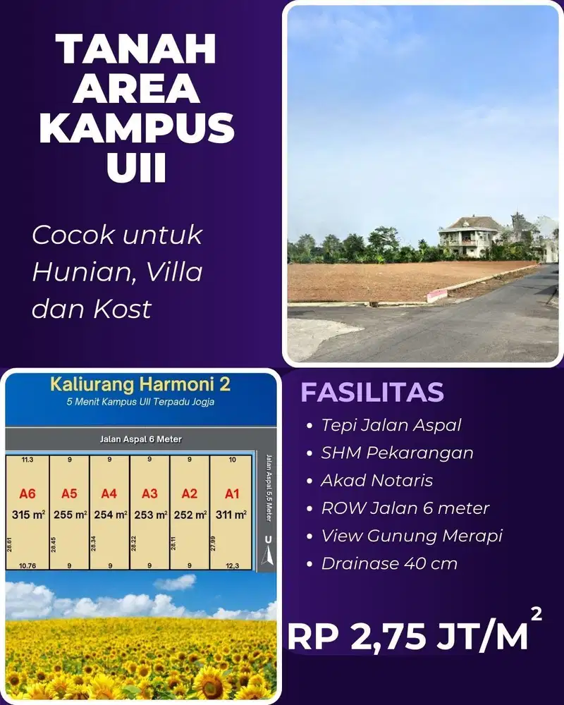 Tanah Murah Jogja Area Kampus UII, Asri dan View Merapi