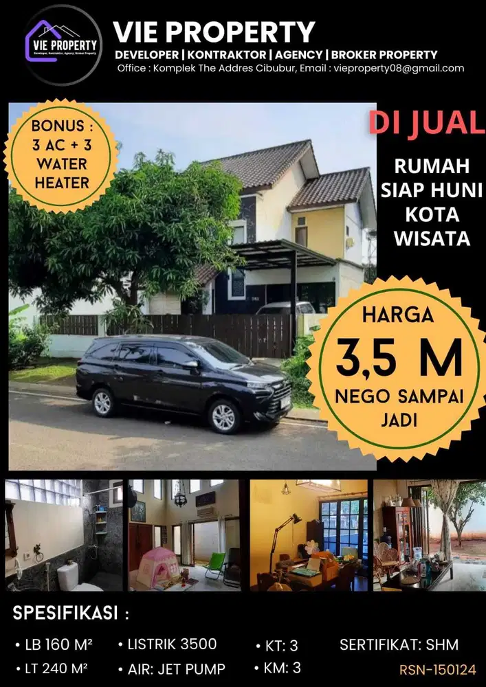 KOTA WISATA Rumah Siap Huni Tanah Luas Bonus AC dan Water Heater