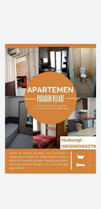 DISEWAKAN KAMAR TYPE 2BR DI LT 6 TOWER D APT. PARAGON VILLAGE KARAWACI