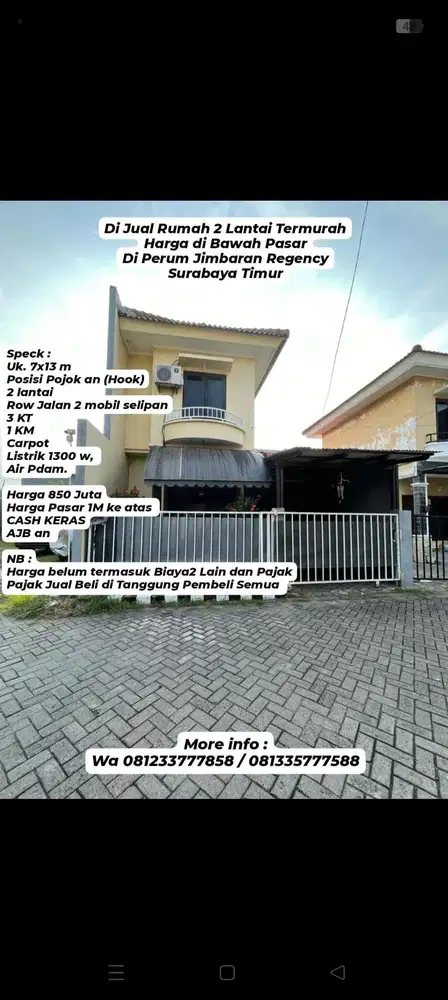 Rumah 2 Lantai Termurah di Perum Jimbaran Regency Surabaya Timur