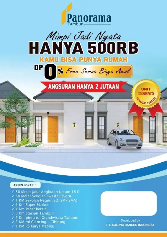 Rumah tambun  dp0  500rb di Sumberjaya tambun selatan cukup 500rb akad