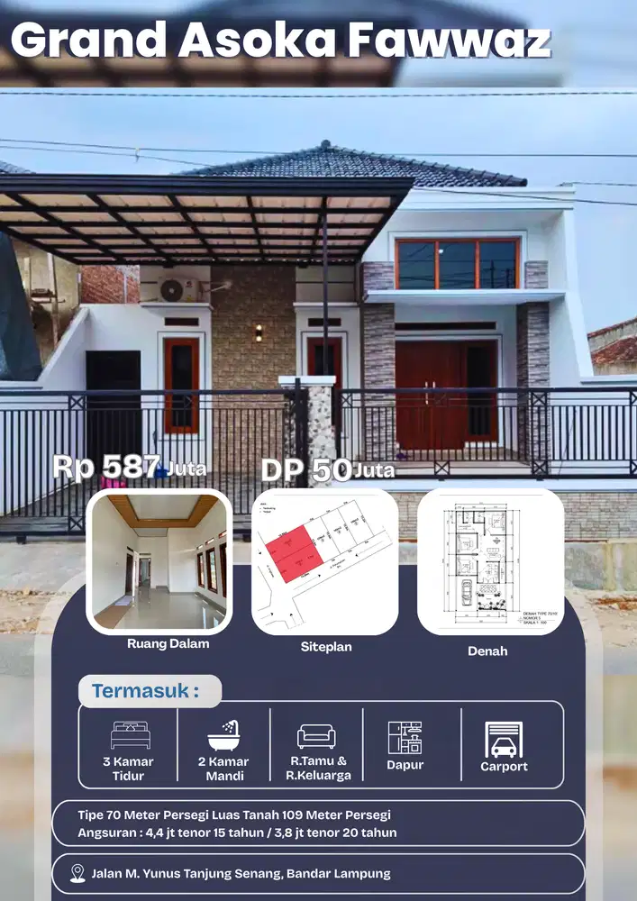 DI JUAL RUMAH DI BANDAR LAMPUNG TANJUNG SENANG 3 KAMAR TIDUR