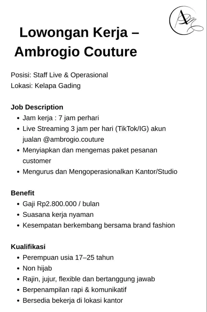 LOWONGAN KERJA HOST LIVESTREAM (WANITA NON HIJAB)