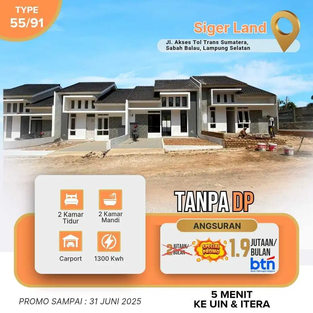 Rumah type 55/91 dekat kampus Itera Angsuran 1,9jutaan