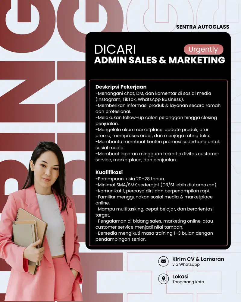 LOWONGAN KERJA : Admin Sales & Marketing KACA MOBIL