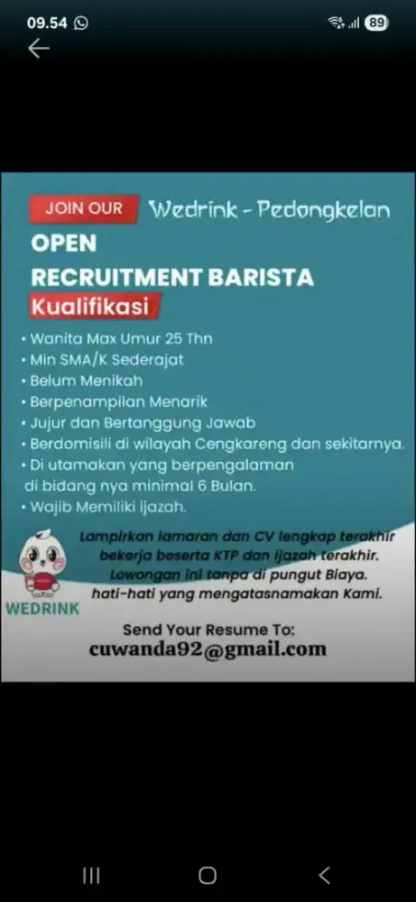 Loker barista wedrink. Wajib berpengalaman