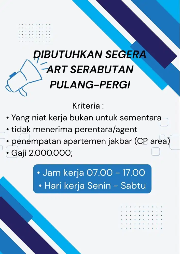 Lowongan pekerjaan ART PP serabutan jaga anak