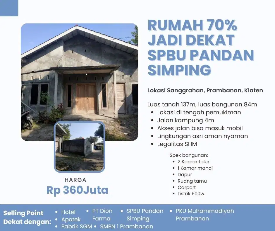 RUMAH 70% JADI DEKAT SPBU PANDAN SIMPING