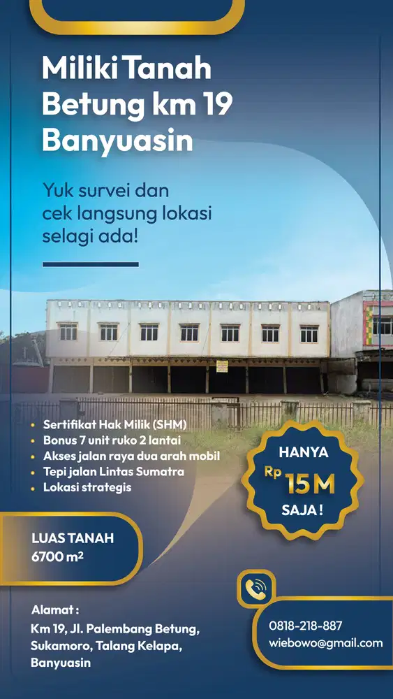 Dijual Tanah Banyuasin Palembang Km 19 Seluas 6700 m²