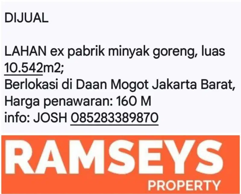 Dijual Cepat Daan Mogot Raya ex Pabrik