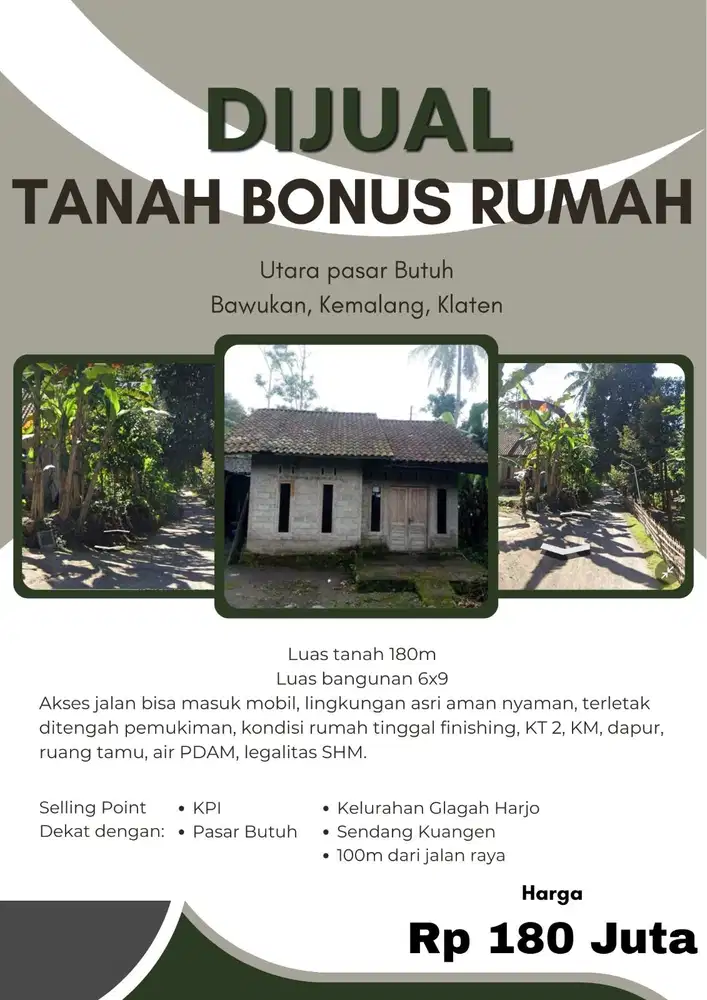 BELI TANAH DAPAT BONUS BANGUNAN RUMAH DEKAT PASAR BUTUH, KEMALANG