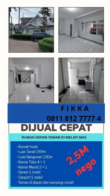 dijual rumah hook luas 269m2 di  Villa Melati Mas hanya 2.5M saja