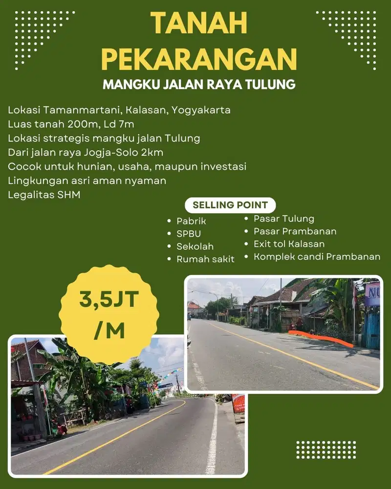 SANGAT STRATEGIS PEKARANGAN MANGKU JALAN RAYA TULUNG COCOK UNTUK USAHA