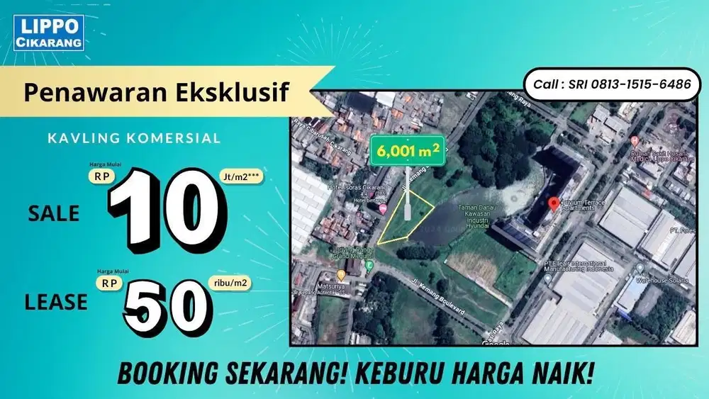 DISEWAKAN TANAH COMMERCIAL DI LIPPO CIKARANG DENGAN VIEW DANAU