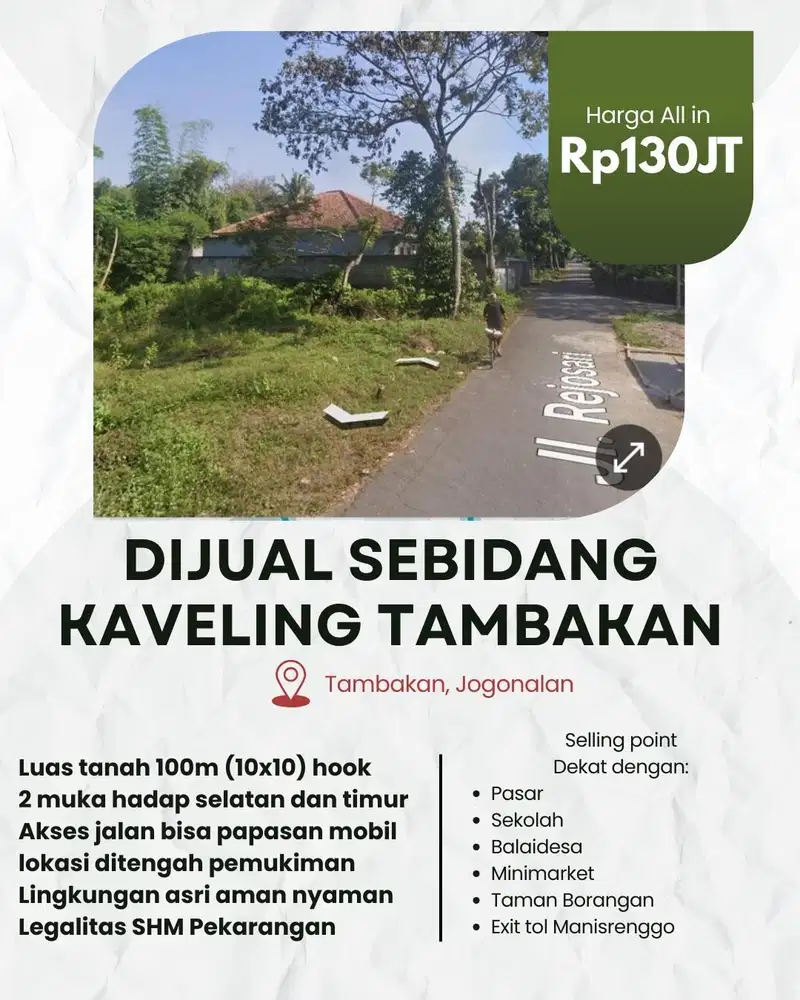 SEBIDANG TANAH KAVELING MURAH LOKASI TAMBAKAN, JOGONALAN